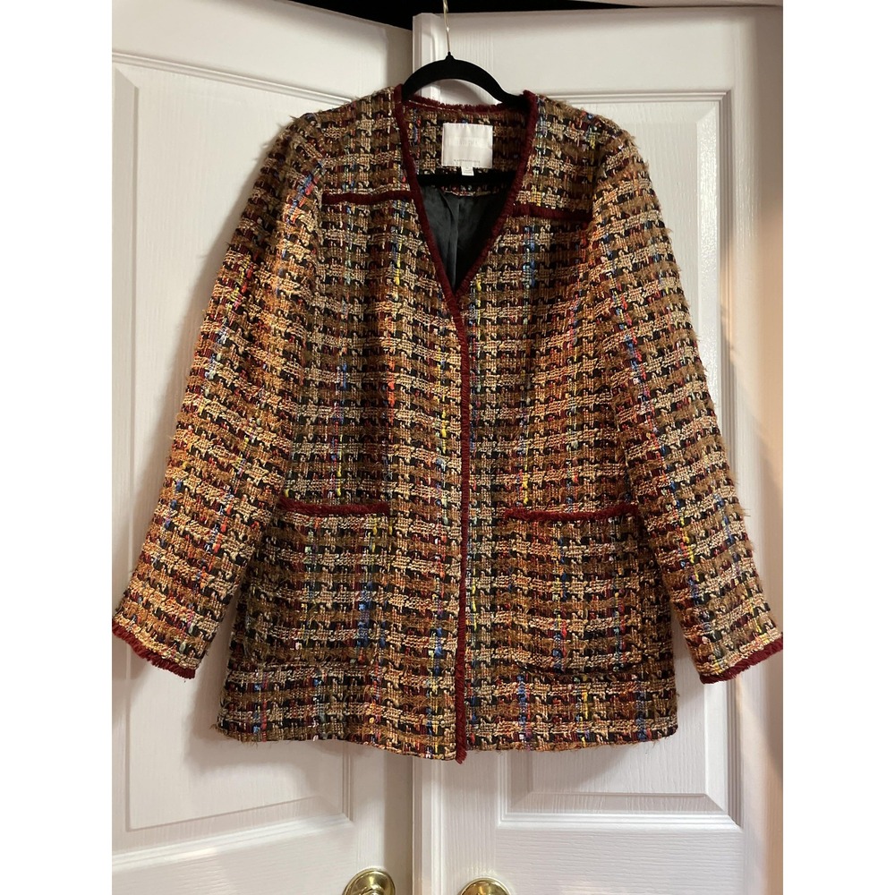 Ett Twa Anthropologie Jacket Womens Medium Brown Tweed Boucle Fringe Snap Front